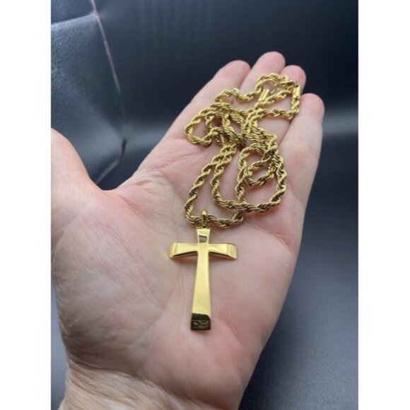 EDFORCE Cross Necklace Stainless Steel Gold Plated 2" 24” Rope 4 mm  Hip Hop - Picture 3 of 5